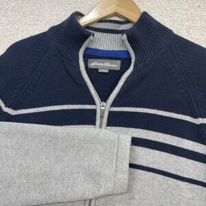 Eddie Bauer Sweater Mens L‎ Gray Navy Full Zip Knit Striped Mock Neck Raglan Dad